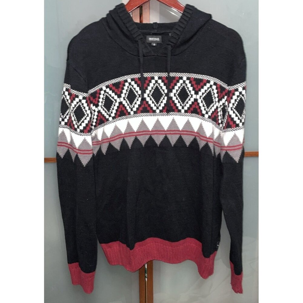 Buffalo David Bitton Mens Black Red White Argyle Hooded Sweater Pullover Size L